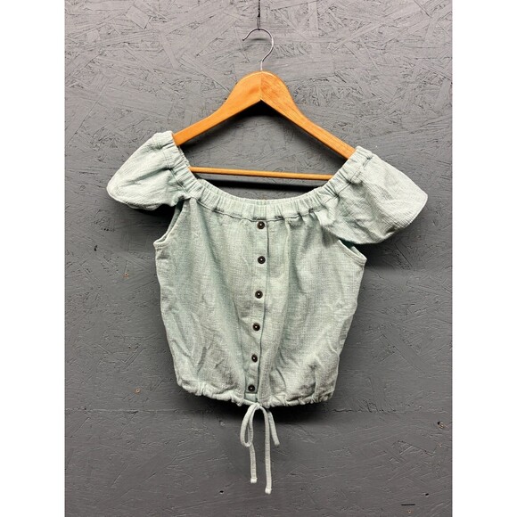 Madewell Texture & Thread Top Women’s Mint Green Off Shoulder Button Front M - Picture 2 of 9